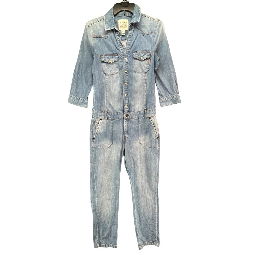 Mango MNG Jeans Jumpsuit Womens S Blue Wash Pockets Utilitarian Boilersuit Chic